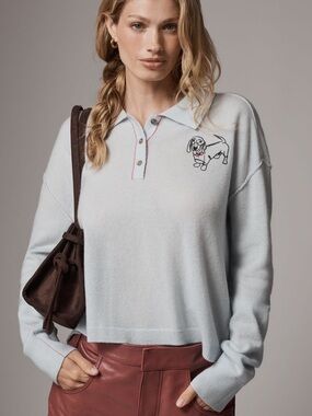 Anthropologie Pilcro The Cashmere Collection Blue Polo Knit Dog Sweater Small